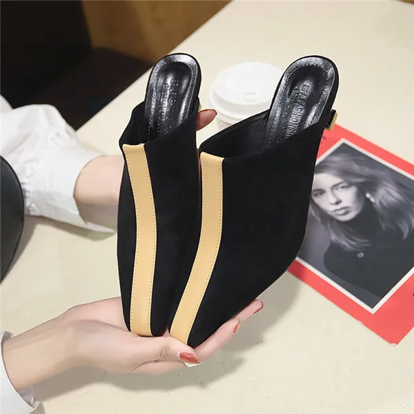 woman mules footwear transparet heel Square Toe soft Strange Style Med Crystal leather black couple warm Sweet - Цвет: 2