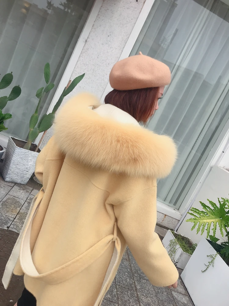 Women Wool Blend Coat fox Fur Collar Hooded jacket fashion new real fur coat long streetwear thick warm parka