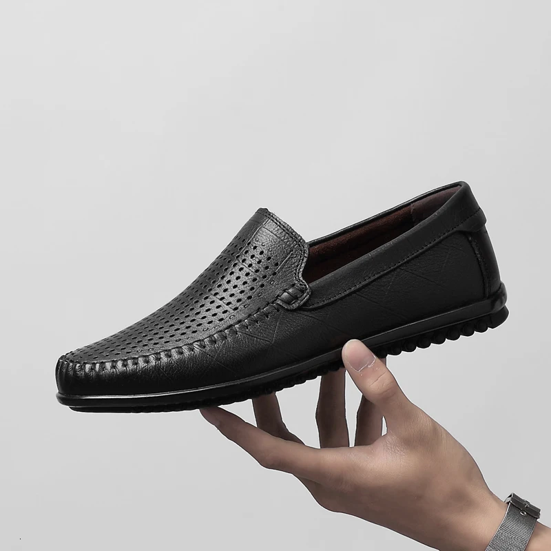 

handmade Genuine Leather men shoes Soft Men Loafers Slip On Comfortable Hole breathable Male Moccasins Flats Casual Boat shoes 5