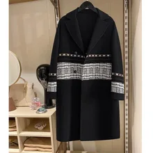 [EWQ] весеннее новое женское черное шерстяное пальто с длинным рукавом популярного цвета корейский стиль свободное толстое теплое клетчатое пальто женское Шерстяное