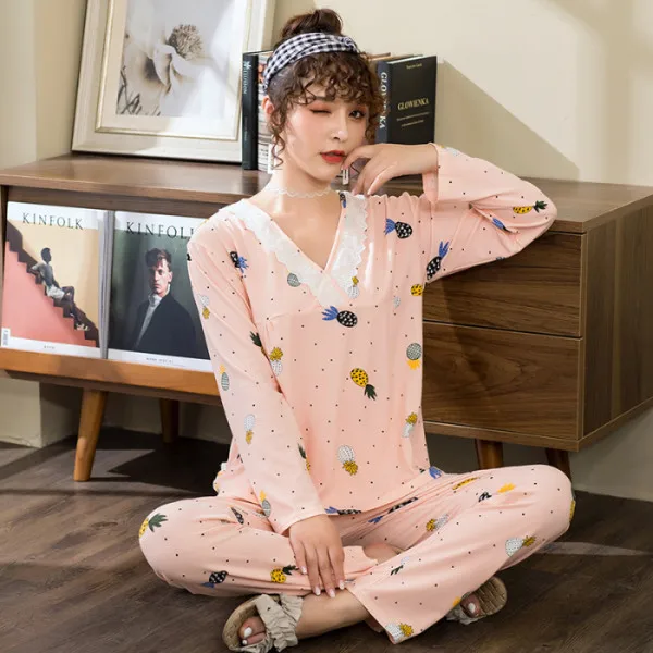 Пижамы для девочек, Mujer, Зимние удобные женские пижамные комплекты, кружевная Домашняя одежда с длинными рукавами и v-образным вырезом, милая Пижама