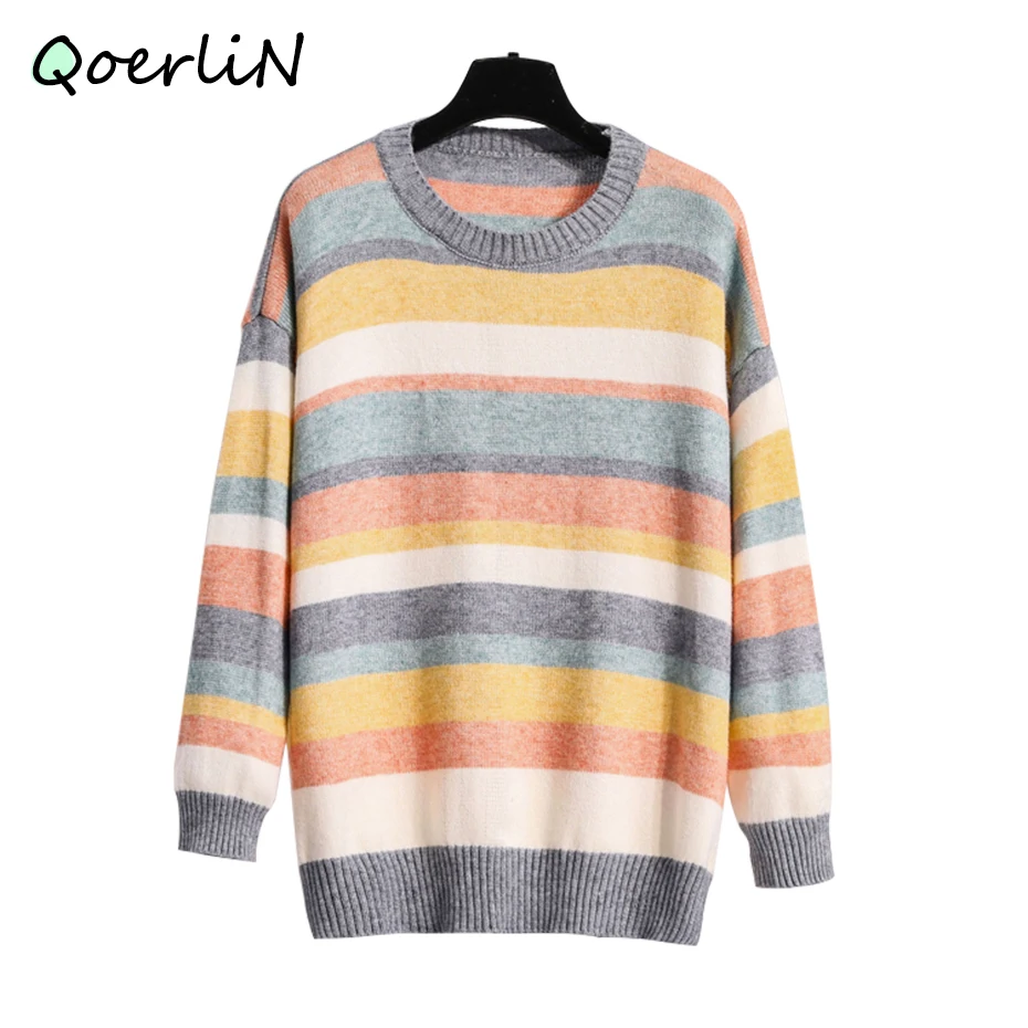 Women Winter Sweater Harajuku Rainbow Striped Pullover Female Plus Size Clothes Autumn Pulls Oversize Poncho Mujer Sueter | Женская