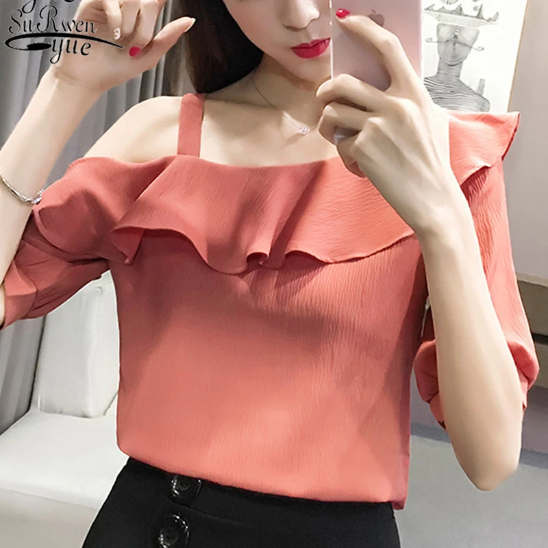 Blusa informal de gasa con media manga y cuello oblicuo para mujer, blusa lisa con estampado de hojas de loto, sin tirantes, 123J 30, fashion|women blouseswomen blouse fashion - AliExpress