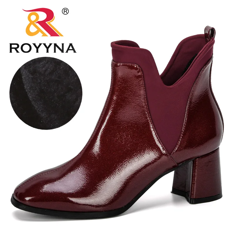 ROYYNA/Новинка года; дизайнерская зимняя обувь из блестящей микрофибры; женские ботильоны на высоком каблуке с острым носком; женские ботинки; zapatos mujer; модная обувь