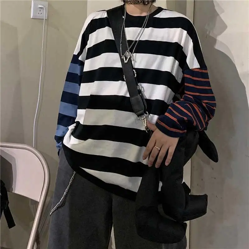 Женская Лоскутная хип-хоп Футболка Harajuku, топы, одежда, модные свободные футболки с длинным рукавом, уличная одежда - Цвет: Белый