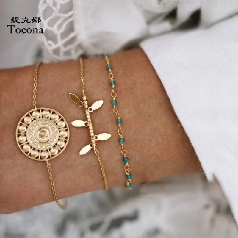 Tocona 3 шт./компл. в богемном стиле золотые браслеты с кисточкой Очаровательная с открытым носком; с перфорацией в виде геометрических фигур цепи ювелирные изделия для Для женщин аксессуары 9138