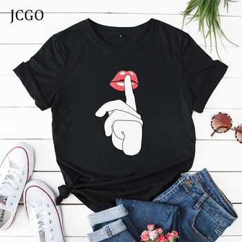 

JCGO Summer T Shirt Women O-Neck Short Sleeve T Shirts Cotton Lips Print Plus Size S-5XL Fashion Casual Loose Tee Tops