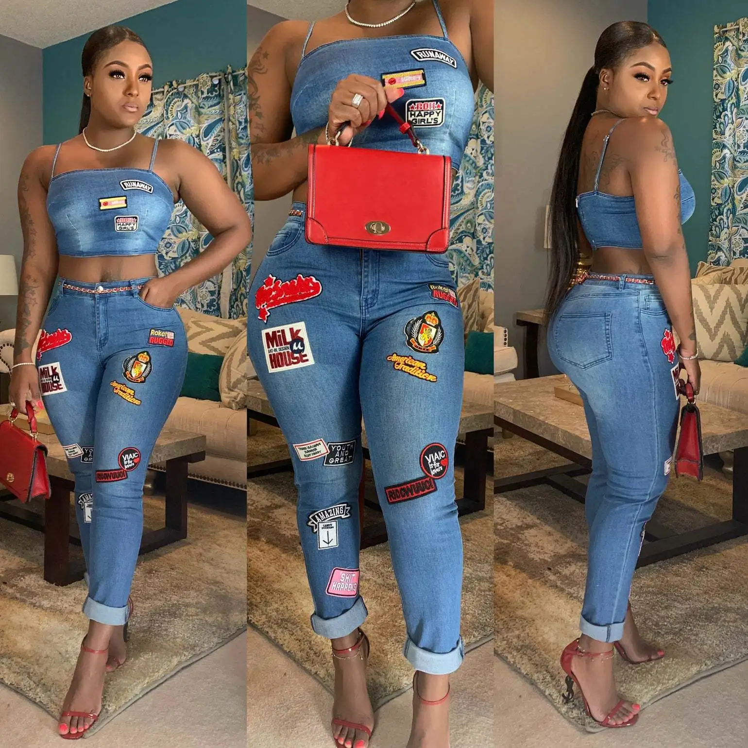 

2019 European and American women's summer new cartoon stickers flanging fashion jeans suit