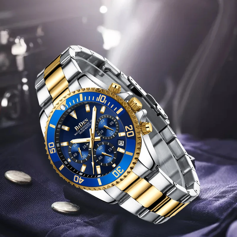 BIDEN Модные мужские s часы лучший бренд класса люкс водонепроницаемые Colck нержавеющая сталь мужские кварцевые часы мужские спортивные наручные часы - Цвет: blue gold
