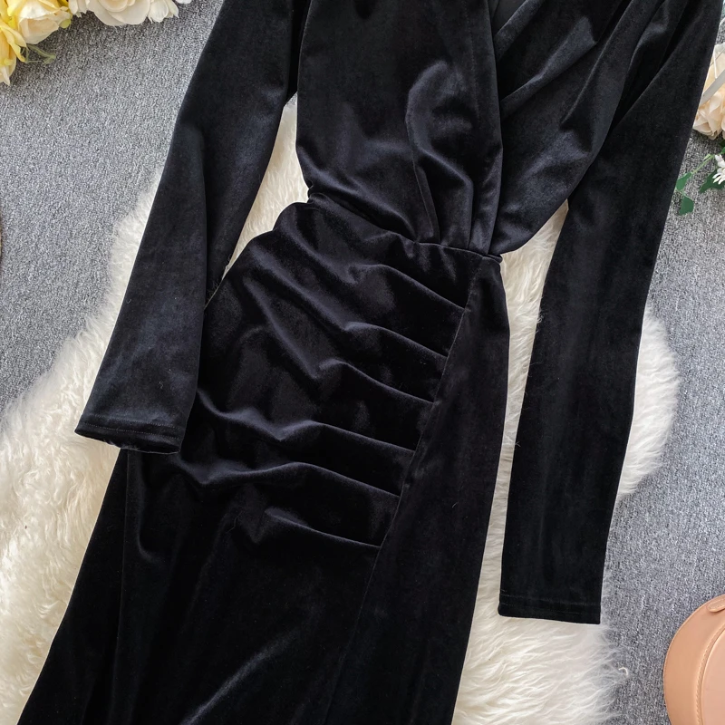Neploe, v-образный вырез, сексуальное, тонкая талия, длинное, Vestido, темпераментные, вечерние, вельветовое, ТРАПЕЦИЕВИДНОЕ ПЛАТЬЕ С Высокой Талией, одноцветное, с длинным рукавом, весна, Ropa 47886