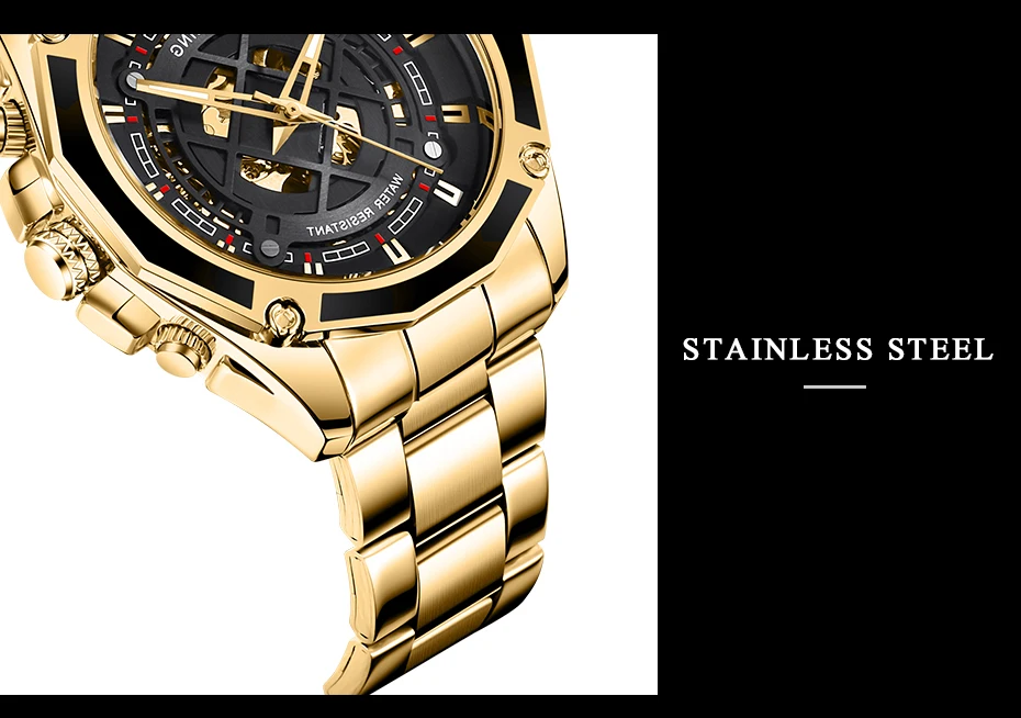 Лидирующий бренд, роскошные часы Forsining, мужские, золотые, черные, 3D циферблат, авто механические, водонепроницаемые часы, нержавеющая сталь, скелет, наручные часы