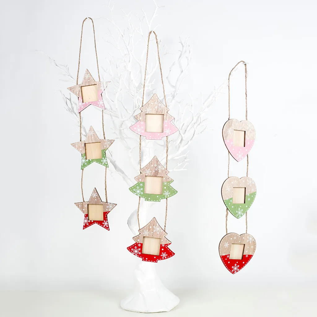 

New Wooden Painted Snowflake Christmas Photo Frame Tree String Hanging Dress Up Christmas Ornament Pendant Decoration