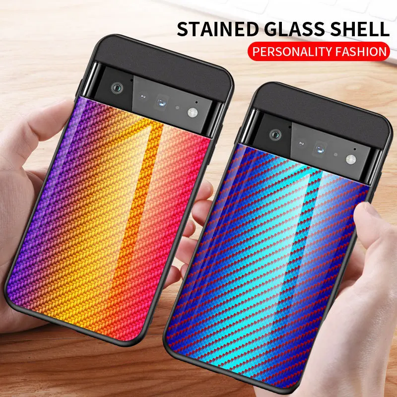 For Google Pixel 6 Pro Case Carbon Fiber Grain Tempered Glass Hard
