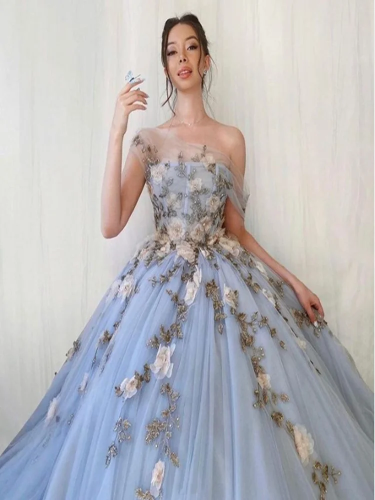 green evening gown Eightree Flower Prom Dress Tulle V-neck Elegant Party Dress Floor-length Ball Gown Evening Dresses Sexy Backless Women Dress blue ball gown