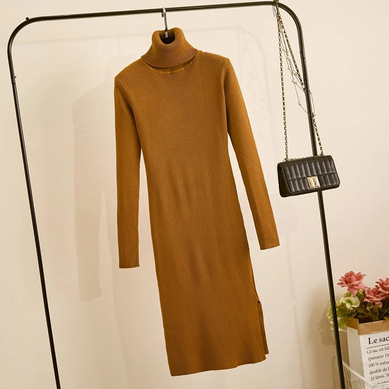 GIGOGOU вязаное длинное женское платье-свитер зимний толстый пуловер с высоким воротом облегающее Макси платье трикотажное платье в рубчик платье миди