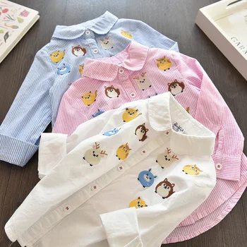 

spring dress new girl Korean long-sleeved shirt owl cartoon embroidered striped shirt white blouse