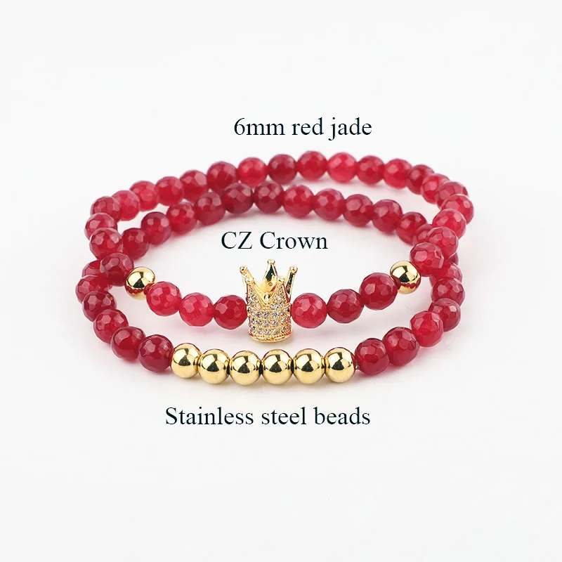 Dropshipping New Design Natural Stone CZ Pave Crown Charm Elastic Bracelet Set Men Women Jewelry Gift - Image 6