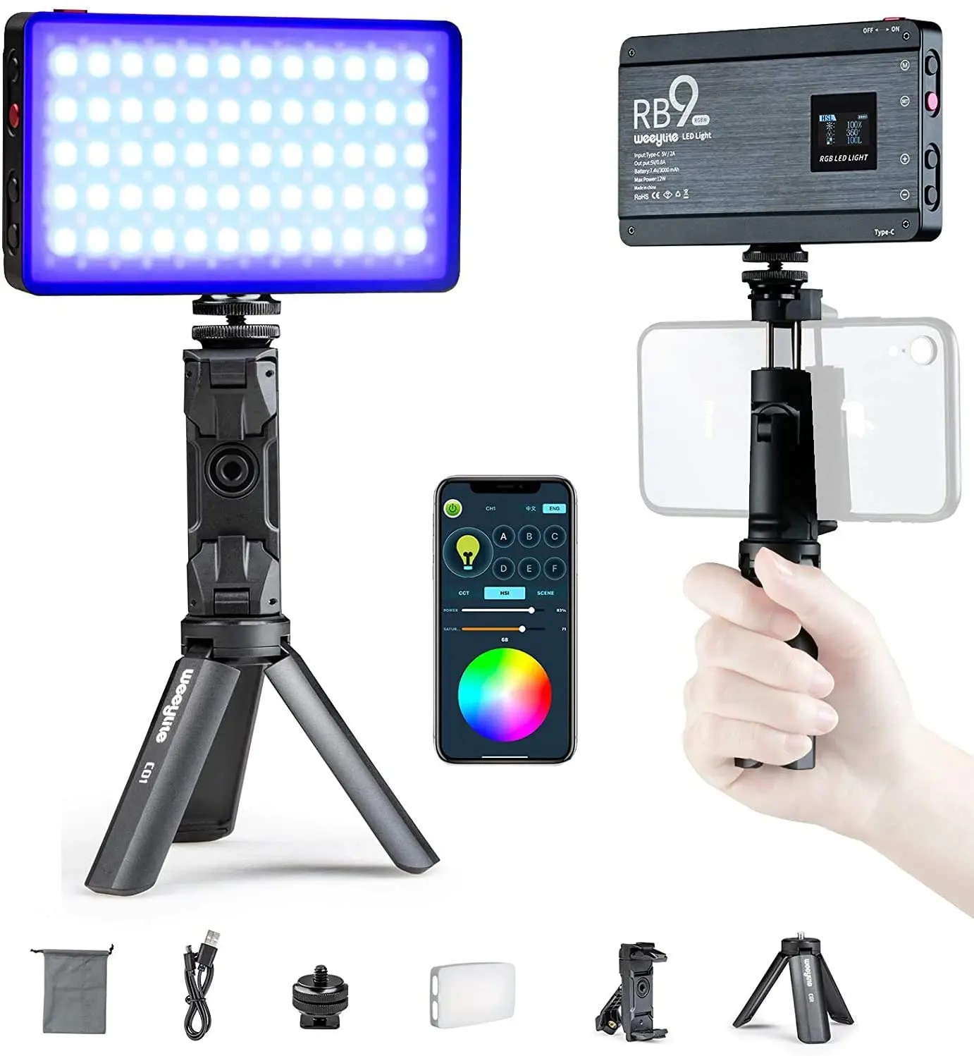 Emissor de Luz Portátil do Rgb de Weeylite Video da Suficiência do Bolso da Bateria Mini com Tripé Rb9 para o Diodo 95 da Luz Diodo Incorporado Cri 2500-8500k - Image 2