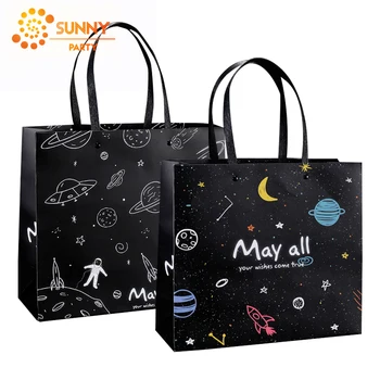 

Space Universe Theme Package Bag Astronaut Black Color Paper Packaging Bags Decoration Supplies Boys Birthday Gift Tote Bag