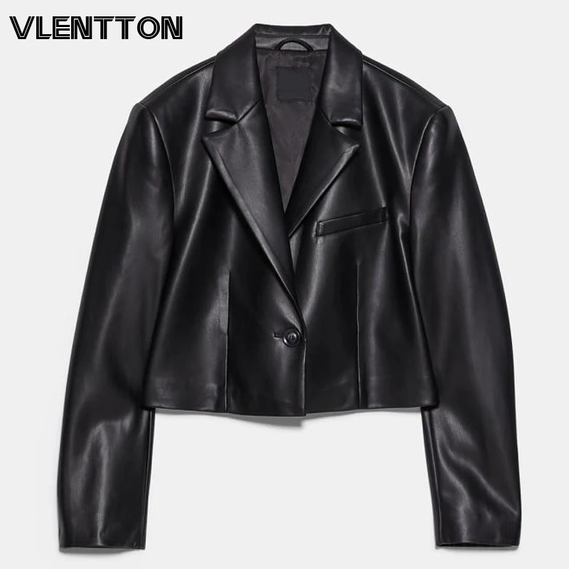 

2020 Spring Autumn Women Fashion Black Short PU Faux Leather Jacket Chic Single Button Biker Jackets Coat Tops Female Outwear