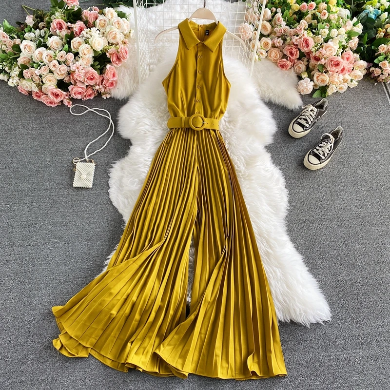 Women's Romper Spring Autumn 2020 Turn Down Collar Sleeveless Vintage Playsuits Female Off Shoulder Pleated Jumpsuit New Fashion