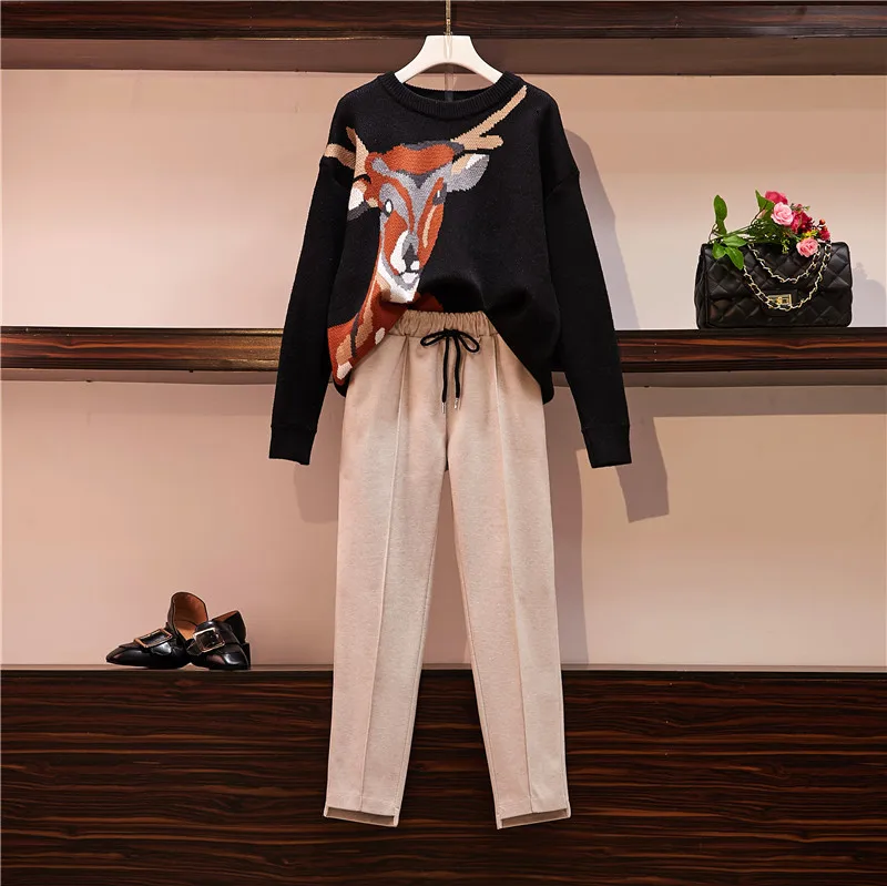 

Women 2 Piece Pant Set 2019 Plus Size Fall Winter Knitted Pattern Girl Loose Sweater And Woolen Casual Trousers suit
