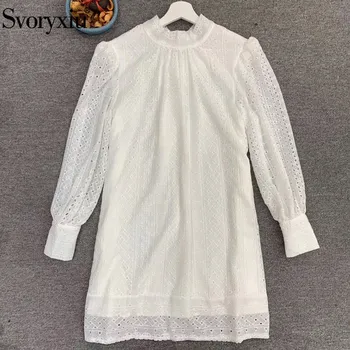 

Svoryxiu Designer Elegant Hollow Out Embroidery White Mini Dress Women's Turtleneck Lantern Sleeve Vintage Party Dresses