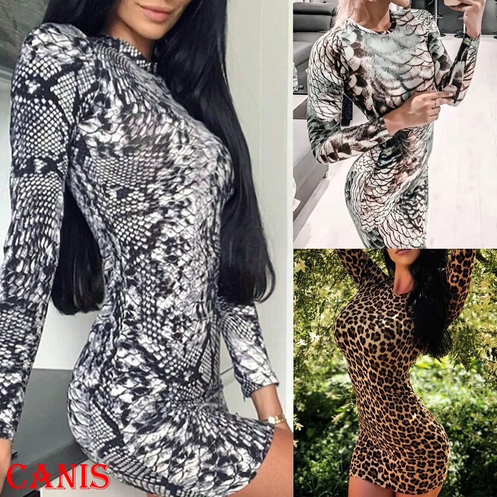 Women's Leopard Print Dress New Fashion Boho Bodycon Casual Long Sleeve Evening Party Mini Sexy Dress For Femme