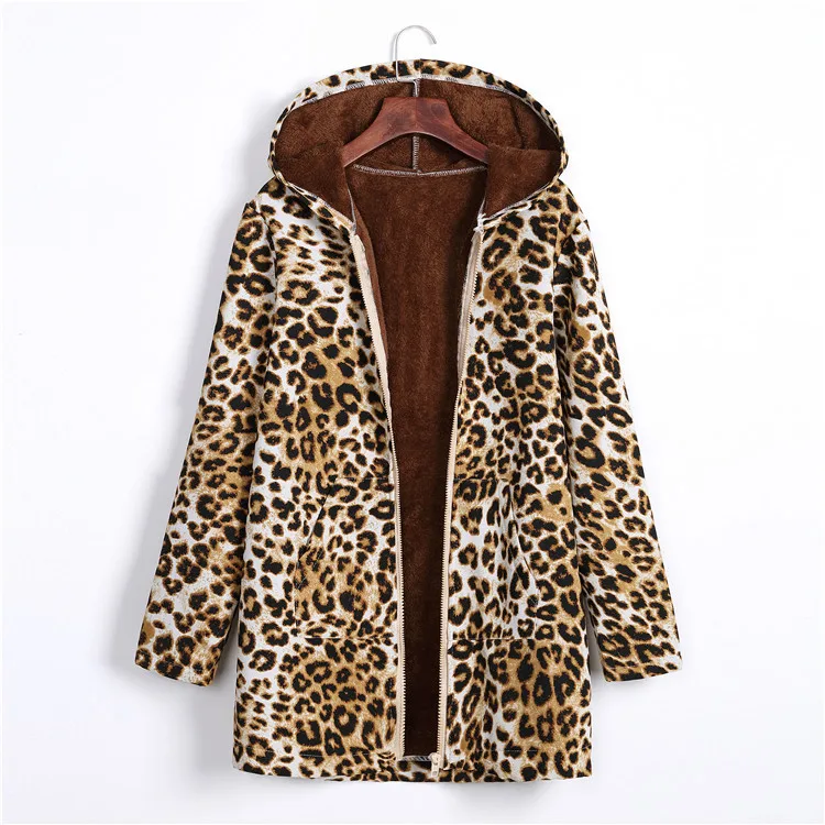

Autumn Winter Leopard Printed Hooded Collar Casual Zipper Straight Type Wool Coat Long Sleeve Thickened Warm Large Size S-4XL