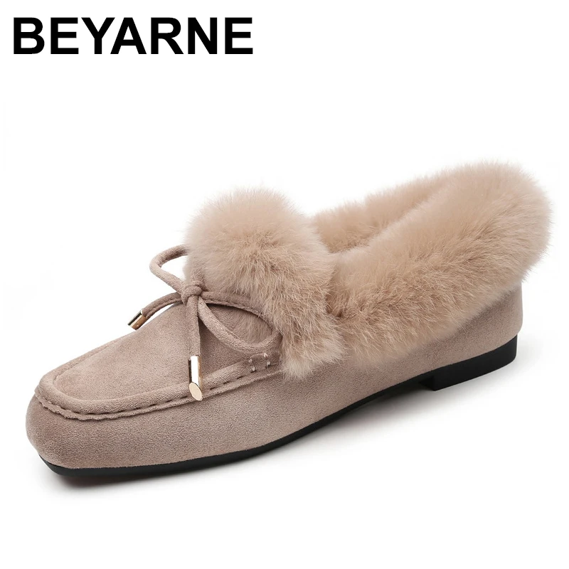 

BEYARNE women's moccasin shoes winter warm fluffy cow suede leather Slip-On solid squaretoe loafers women's shoesSoft ballerina