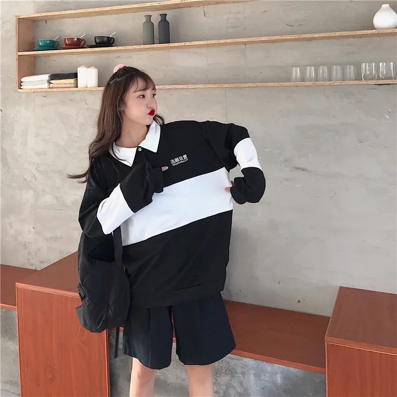

NEW 2020 Fashion Women hoodies Loose Casual POLO collar pullover Preppy style Chinese character plus size baggy female tops