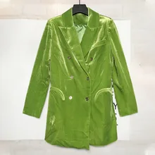 Женское осенне-зимнее пальто, элегантный Одноцветный зеленый маленький костюм, уличная куртка с воротником-стойкой и длинным рукавом, двубортная бархатная куртка