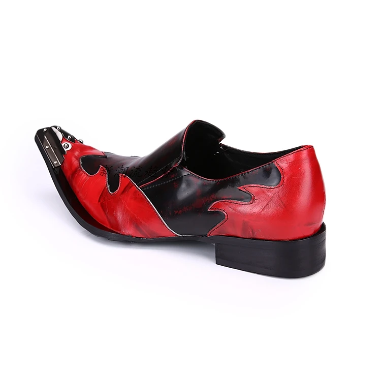 Christia Bella New Metal Pointed Toe Red and Black Genuine Leather Male Shoes Party Nightclub Men's Fashion Large Size Shoes