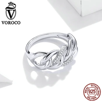 

VOROCO 2020 Real 925 Sterling Silver Simple Chain Ring for Girls Simple Design Fashion Ring For Party Ring Jewelry BKR685