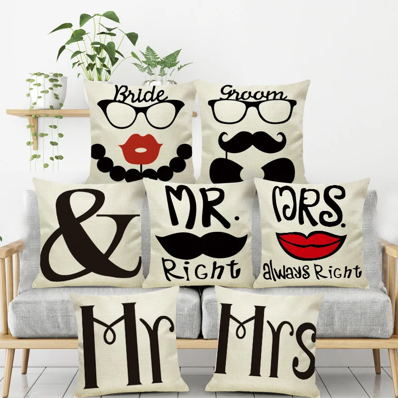 Mr And Mrs Print Linen Cushion Covers For Home Sofa Wedding Decorative