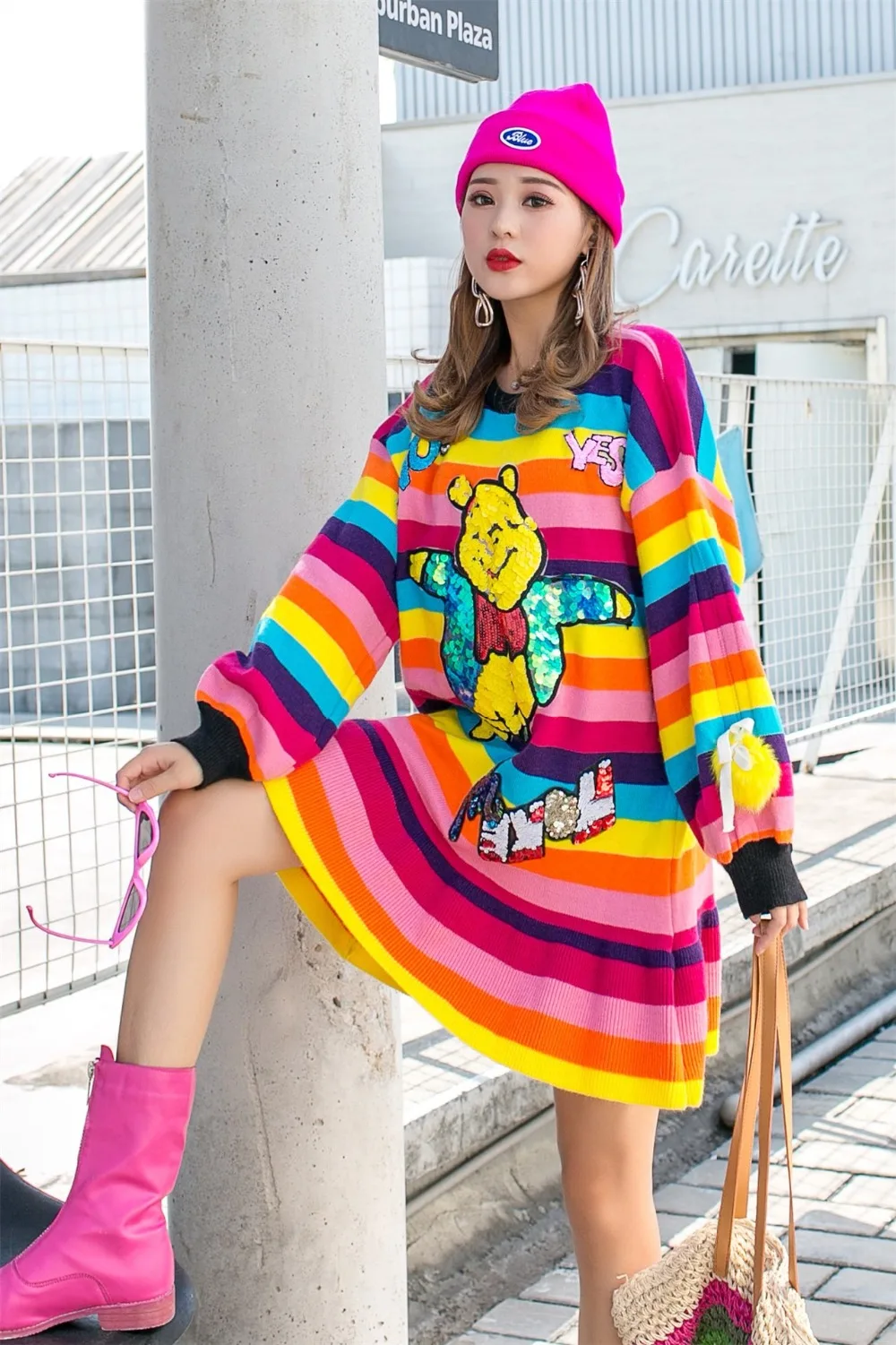 Радужное трикотажное платье-свитер с пайетками и рюшами и буквенным принтом; трикотажная одежда больших размеров для девочек; Дизайнерские Длинные пуловеры