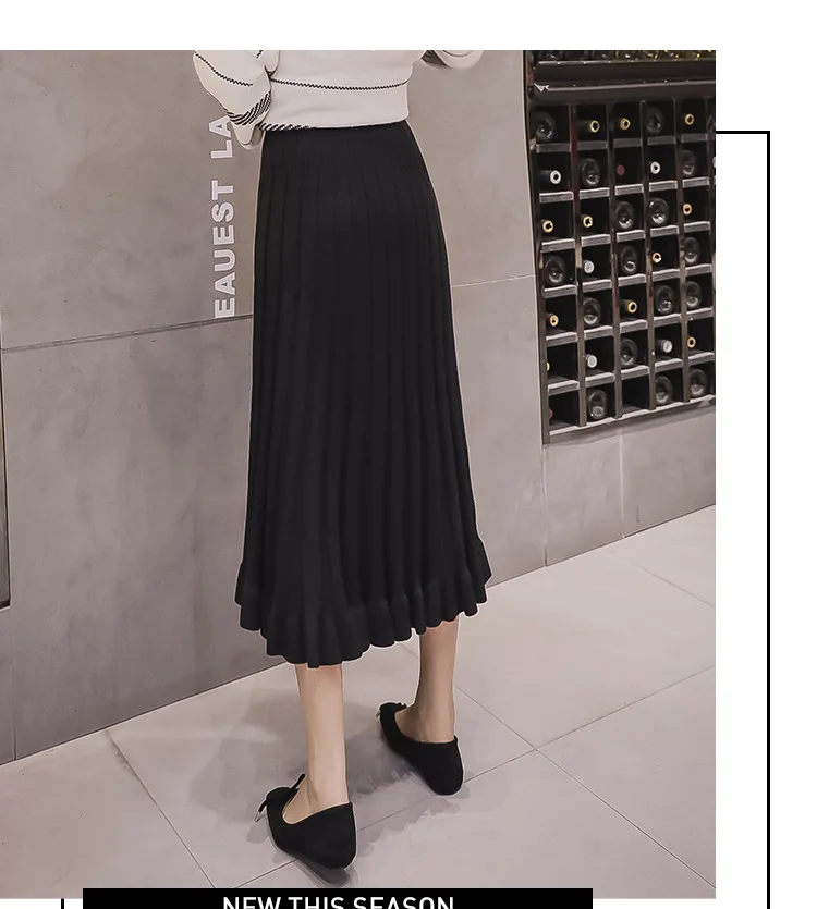 Женские трикотажные юбки с оборками 2019 элегантные плиссированные юбки с высокой талией длинные юбки для офисных леди Черные Серые
