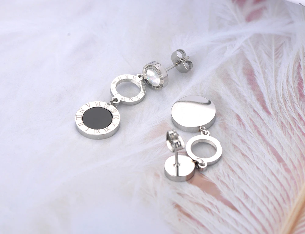 Dangle Earrings JeeMango Stainless Steel 3Pcs Disc Roman Numerals Dangle Earrings for Women Girl Shell & Acrylic Bohemia Earrings JE19184