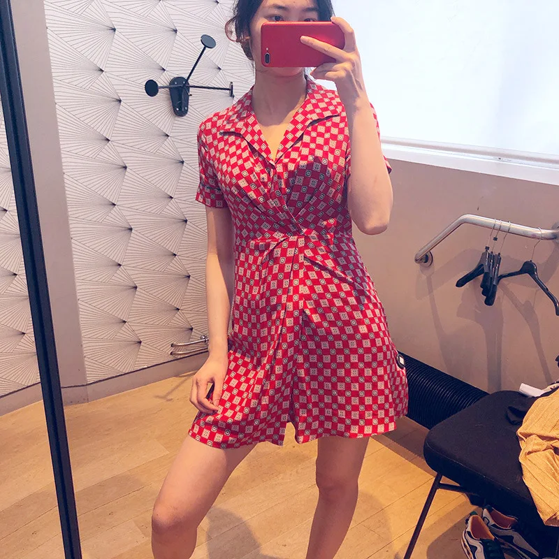 

France's Home Spring And Summer Elegant Retro Polo Casual Short Sleeve Printed Plaid Chiffon Slim Fit Short Skirt Dress Women's