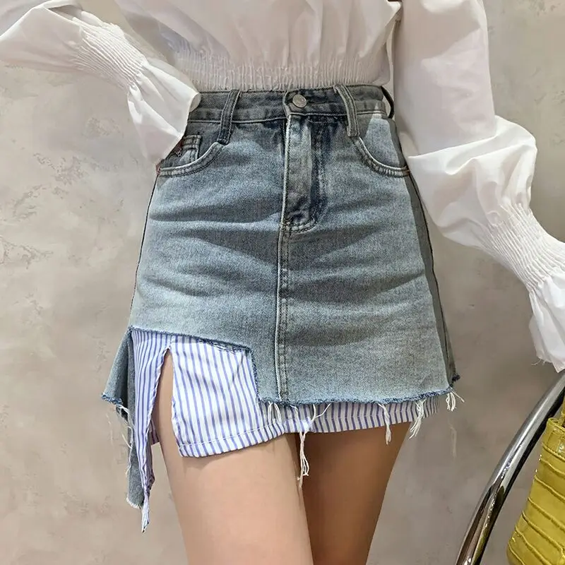 Mini falda de mezclilla rasgada con rayas irregulares, moda coreana, falda  Vintage de cintura alta para Primavera, Otoño y verano, 2021 - AliExpress