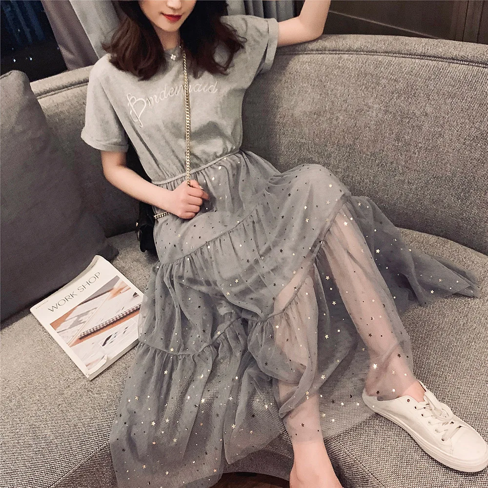 

Fairy Dress Star Printed Mesh Stitching Short Sleeved Dresses Summer New Round Neck Korean Style Casual Loose Maxi Vestido