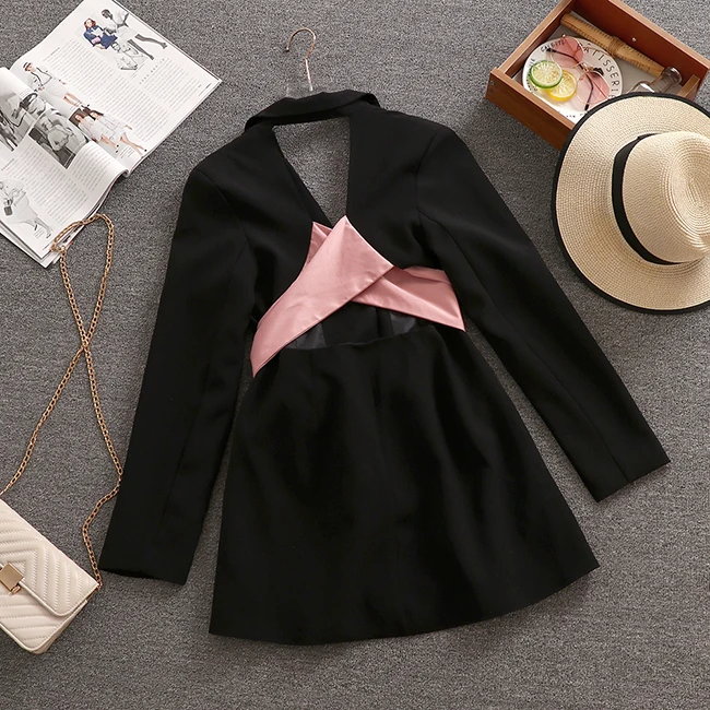 Women Jacket Bow Pink Hollow Out Backless Design Long Sleeve Notched Blazers Coat Slim High Street Style Autumn Fashion