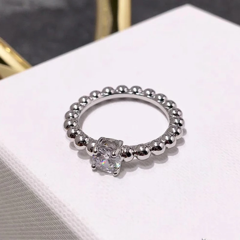 925 пробы, серебряное кольцо с прозрачными фианитами и кристаллами, геометрическое Золотое кольцо с круглым шариком, романтическое свадебное ювелирное изделие, модное кольцо на палец с шариком