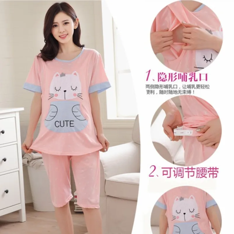 

Confinement Clothing Pure Cotton Summer Short-sleeved Thin Pregnant Women Pajamas Plus-sized Large Size Postpartum Nursing Nursi
