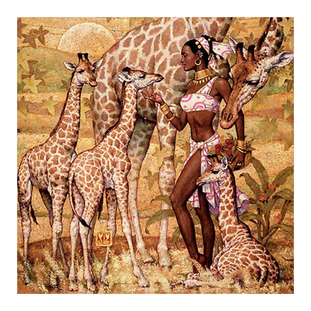Алмазная живопись в африканском стиле Пастбище для женщин и жирафов картина...