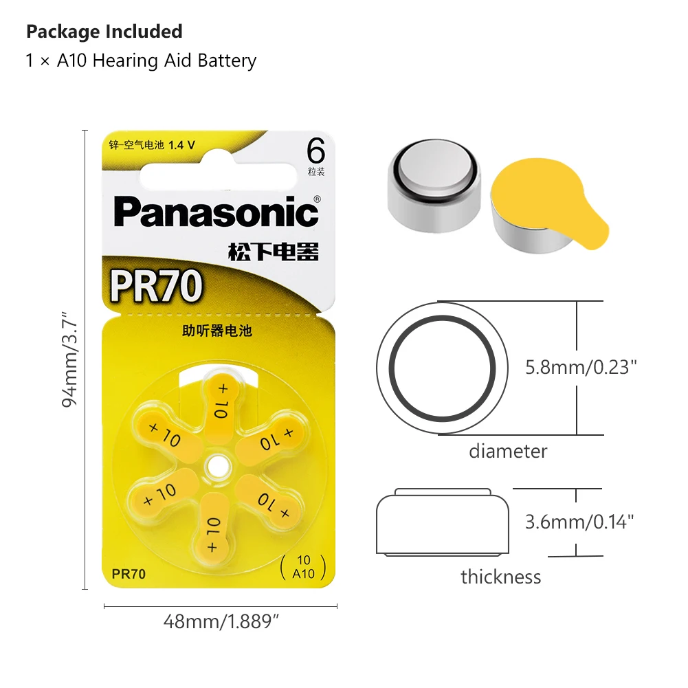 6 шт. подлинные Аккумуляторы для слухового аппарата Panasonic PR70 5,8 мм* 3,6 мм 10 A10 ZA10 для слухового аппарата с кохлеарной кнопкой