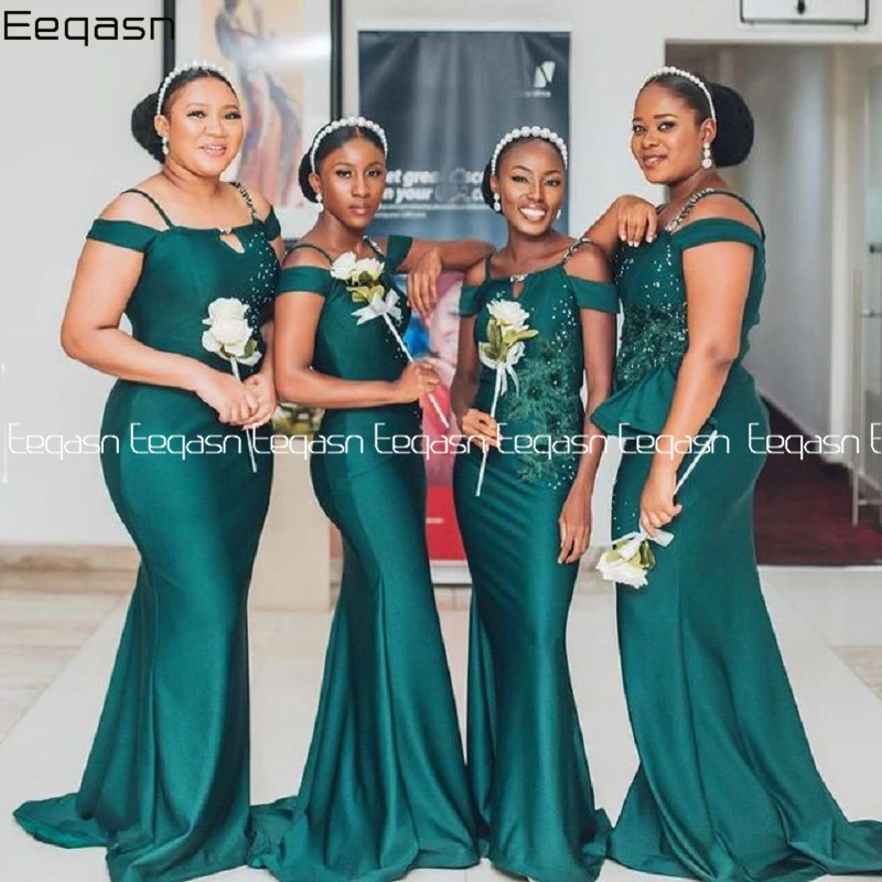 

Длинное Зеленое Африканское платье подружки невесты с открытыми плечами Кружевная аппликация Русалка Женское платье большого размера для свадебной вечеринки вечернее платье