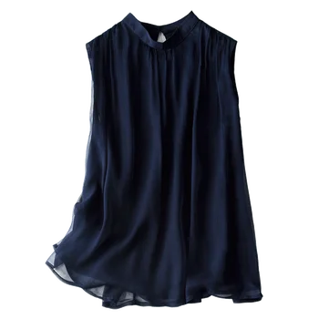 

Stand Collar Real Silk Blouse Women Sleeveless Office Lady Blusas De Mujer Largos Sueltos Sleeveless Summer Women's Shirt