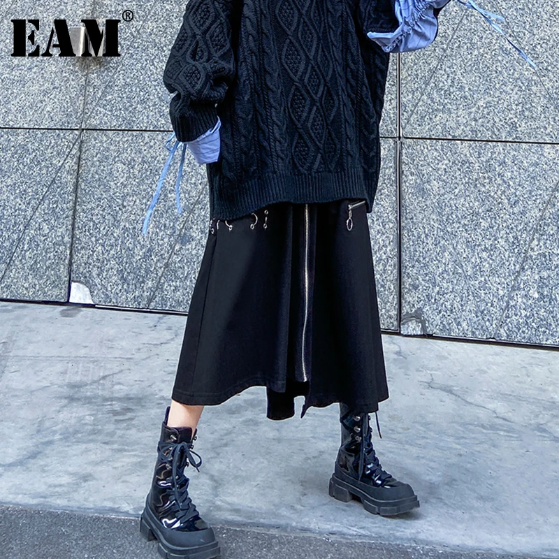 [EAM] высокая эластичная талия, черная Асимметричная юбка на молнии с разрезом, женская мода, новинка, весна-осень, 1M832