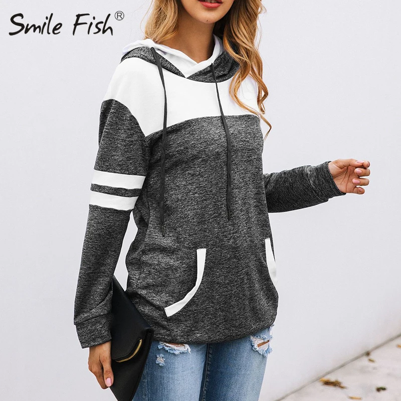 

Hooded Hoodies Patchwork Hoody Long Sleeve Top Casual Women Sweatshirts Autumn Winter Pullovers Jumper Moletom Pockets New GV906